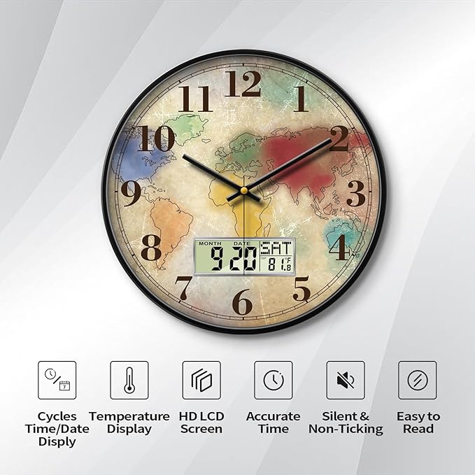 12'' Silent Non-Ticking Vintage Distressed World Map Wall Clock, Battery Operated Analog with LCD Date Day Temp Display, Retro Decor for Home Office Bar Man Cave Classroom