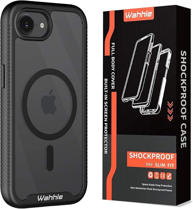 wahhle Compatible with iPhone 16e Case, Magnetic Built in Screen Protector Full Body Shockproof Slim Fit Bumper Protective Phone Cover Men Women 6.1“-Black/Clear