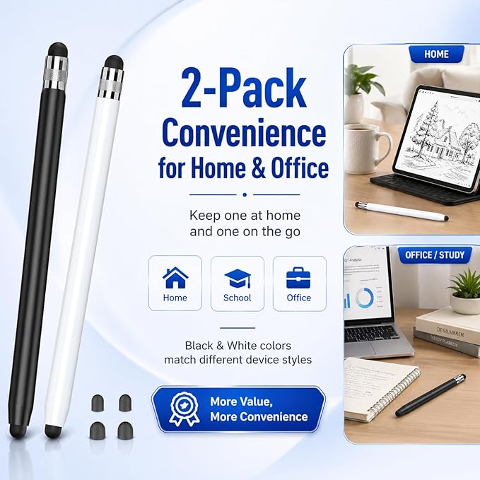 HATOKU 2 Packs Stylus Pen for iPad & Touchscreen Devices (Black & White), Dual Tip Rubber Stylus, No Bluetooth/No Charging, High Sensitivity Capacitive Magnetic Pencil for iPad iPhone Android Tablets