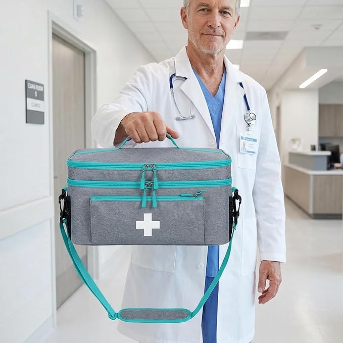 Meichoon Medical Bag Empty with Double-Layer Organizer Large First Aid Box for Emergency Supplies Waterproof for Travel Car Home First Responder Kit Medicine Storage Case Grey