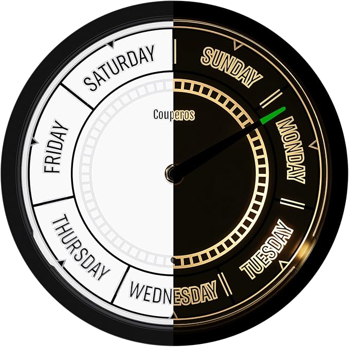 Day of The Week Wall Clock with Night Light - 12" Analog Silent Non-Ticking Clock with LED Night Light, Calendar Day Clock Perfect for Home, Office, and Retirement Gifts