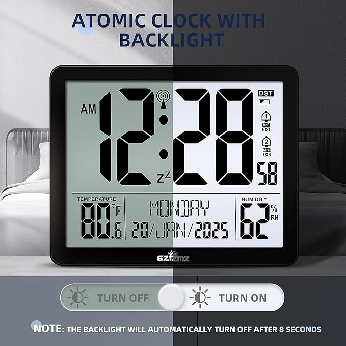 Atomic Digital Wall Clock Battery Operated with Backlight, Desk Clocks with Indoor Temperature & Humidity, 8.5" Small Alarm Clock with Date and Day of Week for Bedrooms, Living Room, Auto DST, Black
