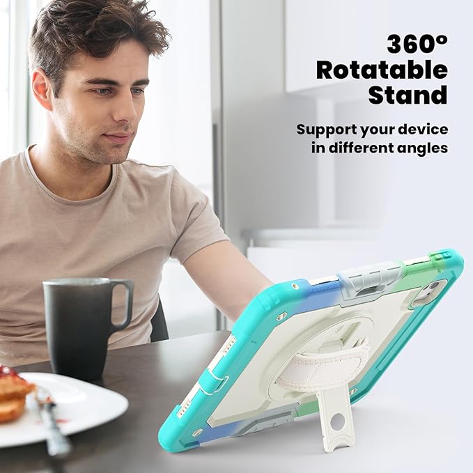 Dteck for iPad Pro 11 inch (M4/M5) 2024/2025 Shockproof Case with Screen Protector/Stylus Pencil Holder/Rotating Kickstand/Grip Hand Strap, Heavy Duty Protective Rugged Tablet Cover, Colorful Mint