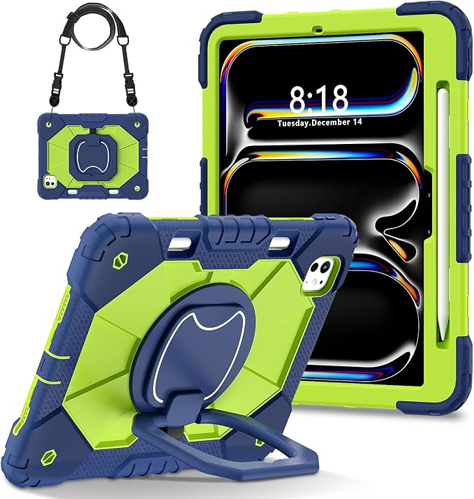 Dteck for iPad Pro 11 inch (M4/M5) 2024/2025 Release Shockproof Case with Shoulder Strap/Pencil Holder/Rotating Kickstand Handle, Heavy-Duty Sturdy Rugged Cover, Protective Tablet Shell, Blue Green