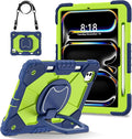 Dteck for iPad Pro 11 inch (M4/M5) 2024/2025 Release Shockproof Case with Shoulder Strap/Pencil Holder/Rotating Kickstand Handle, Heavy-Duty Sturdy Rugged Cover, Protective Tablet Shell, Blue Green