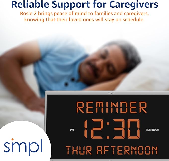 Simpl Rosie Reminder Large Display Talking Alarm Clock – 25 Personalized Voice Reminders, Dementia & Alzheimer’s Friendly, Voice Activated Clock for Seniors, Easy to Use, Audible up to 100ft (Rosie 2)