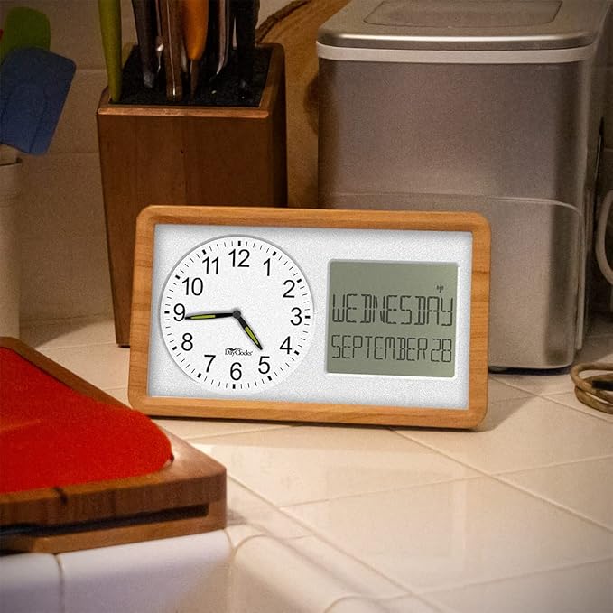 Atomic 10” Clock Combines Analog Time and Digital Display for Day and Date - Battery Powered Soft Display - White with Woodgrain Accent Frame