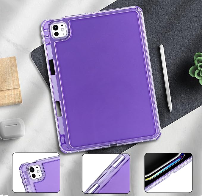 Dteck for iPad Pro/Air 13" (M5/M4/M3/M2), Pro 12.9" (6th/5th/4th/3rd Gen) Clear Case with Pencil Holder/Screen Protector Film/Stylus, 3 Layers Protective Lightweight Slim Transparent Cover, Purple