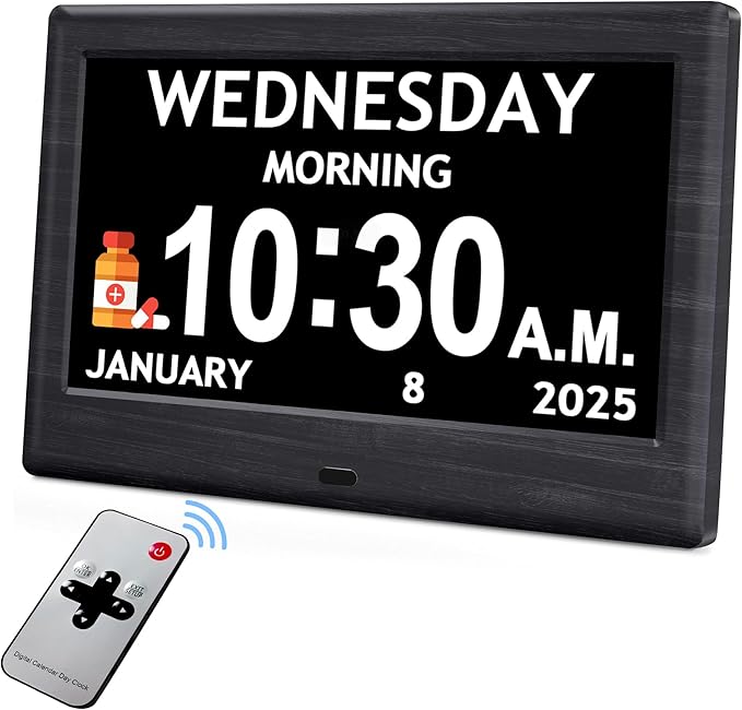 7'' Digital Clocks, 12 Reminders & 6 Alarms, Dementia Clock with Date and Time for Elderly, Auto-Dimming, Button & Remote Control, Auto DST, Digital Calendar for Seniors Large Display, Black Woodgrain