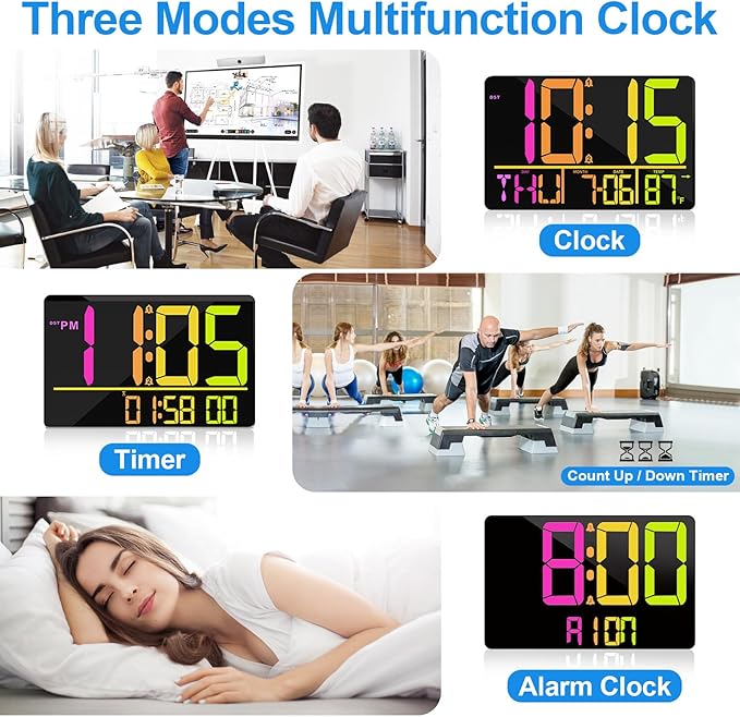 PERSUPER 13" Large Digital Wall Clock with Remote, RGB Color Changing, 25 Ringtones, 0-100% Auto/Custom Brightness, Temperature, Calendar, 12/24H, DST, Timer, for Living Room/Bedroom/Office/Elderly