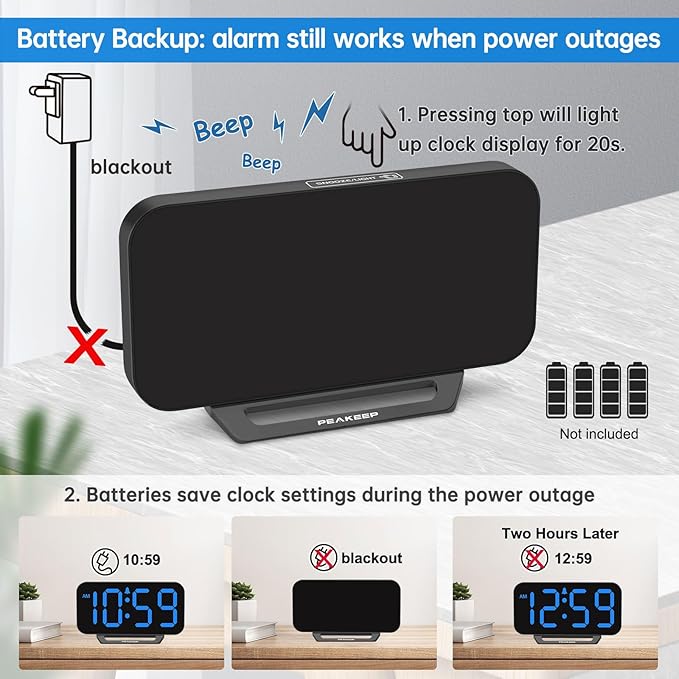 Peakeep Small Digital Alarm Clock for Bedrooms, Loud for Heavy Sleepers Adults, Dimmable Plug in Electric Large Numbers Clock Battery Backup, Slim Clock for Table Office Modern Living Room (BB)