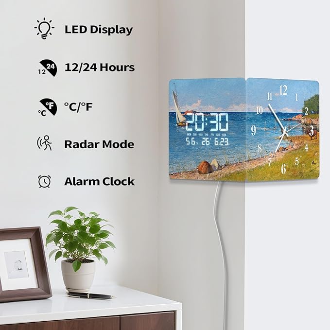 12'' Double Sided 90° Corner Wall Clock, Coastal Oil Painting, Radar Motion Activated, Analog & LED Display with Temp Humidity Date Day, Silent Non-Ticking Plug-in for Beach House Cabin