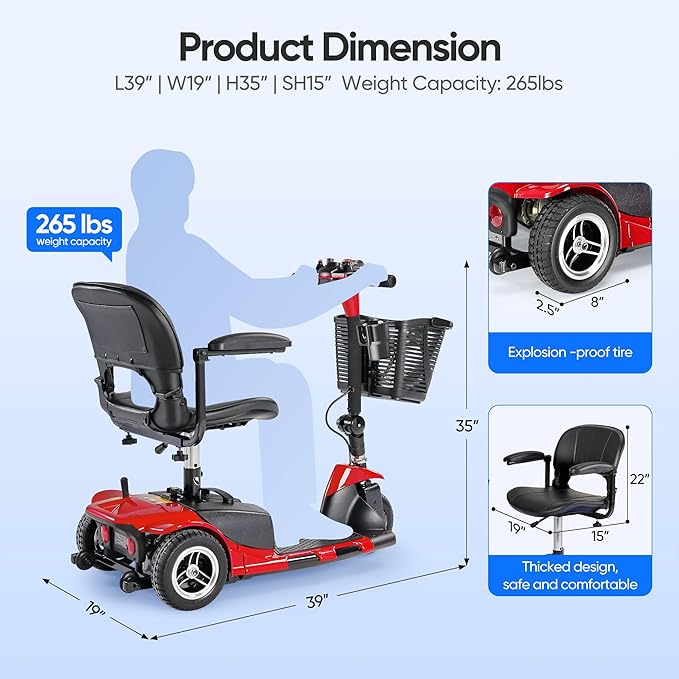 3 Wheel Mobility Scooters for Adults，Collapsible Electric Powered Wheelchair，Portable Compact Motorized Scooter for Travel，Long Range Power，Battery with Charger，Basket and Cup Holder