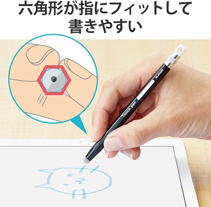 Elecom P-TPENSEBK Hexagonal Pencil Type for Kids, With Strap Hole, Conductive Fiber Type, Compatible with Smartphones and Tablets, Replaceable Nibs, Black