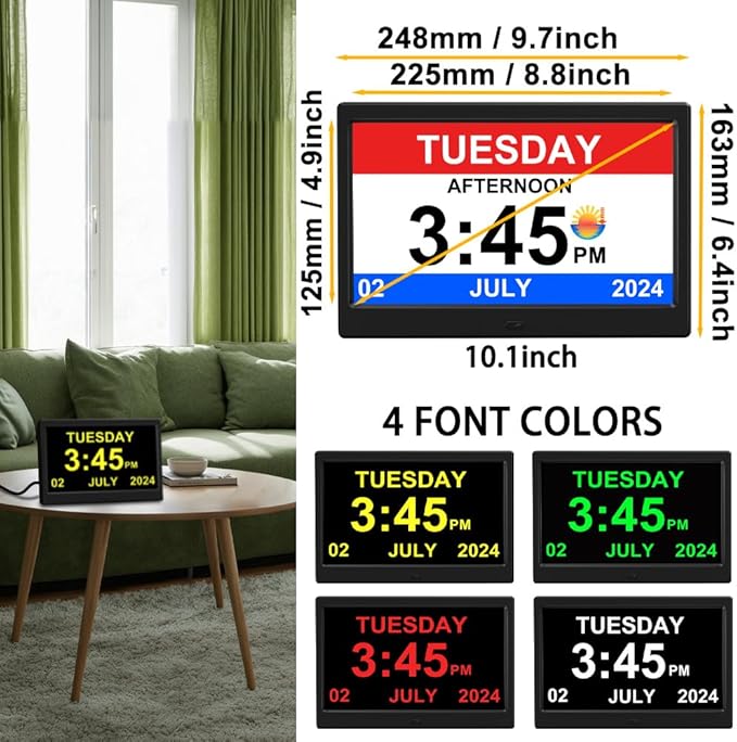 Alarm Clock with Day and Date for Elderly Digital Calendar Clock Photo Frame- Auto Dimmable Display 15 Alarm Options, Clock with Non-Abbreviated Day & Month (10.1 inch Black)