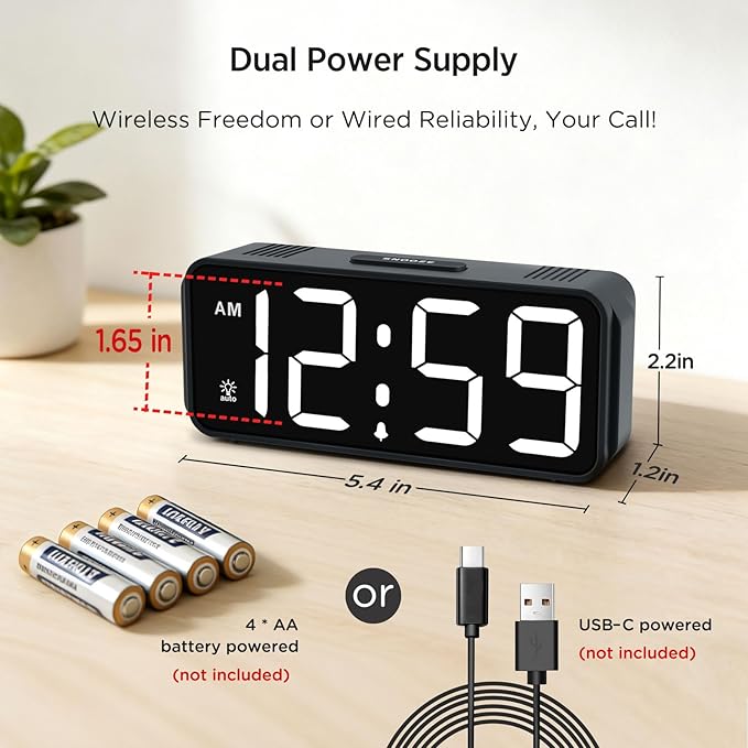 Peakeep Small Mini Digital Alarm Clock Battery Operated for Bedroom Travel, 1.65" Numbers Large Display Cordless Clock for Beside Seniors Elderly, Auto/Manual Dimmers, 5 Levels Volume