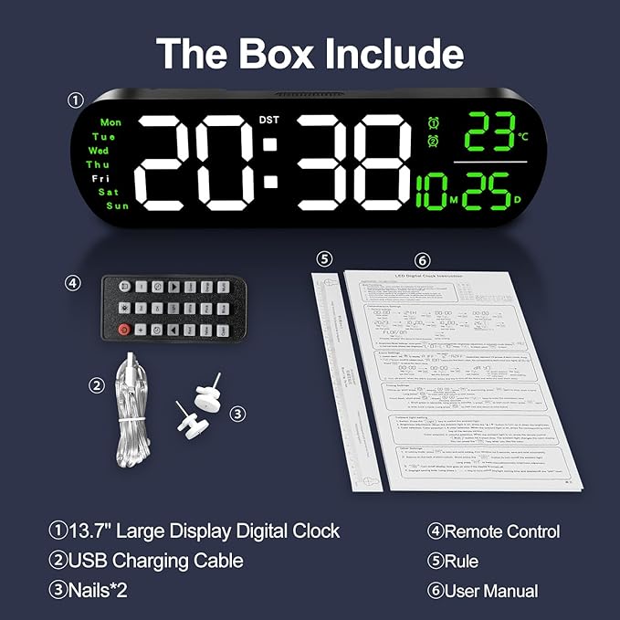 13.7" Large Digital Wall Clock – Remote Control, Dual Alarm, Big LED Display, Auto-Dimming, RGB Night Light, Auto DST – Bedroom, Living Room, Office, Purple,Green