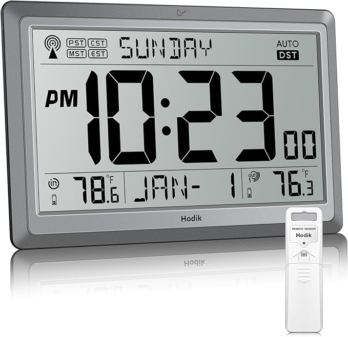 HODIK Wall Clock Atomic with Indoor Outdoor Temperature Battery Powered, Easy Reading with 10.5 Inch LCD Display, 330FT Range Table Wall Clock with DST, 12/24 Hour for Living Room Kitchen (Silver)
