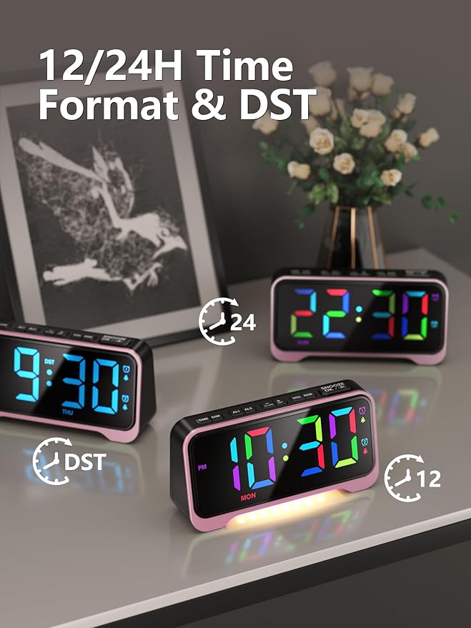 Mesqool Pink Digital Alarm Clock for Girls & Teens – Super Loud Alarm for Heavy Sleepers, RGB Display, Dual Alarm with Snooze, USB Charger, Night Light, Battery Backup, Plug-in Powered