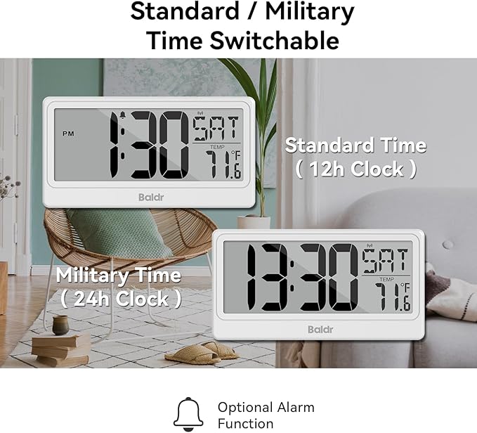Baldr Digital Clock with Bluetooth Auto Time Sync, No App Required, Large Display Non-Backlit Desktop Alarm Clock, Battery Operated, Temperature & Weekday, Wall or Desk Clock for Home Office, White
