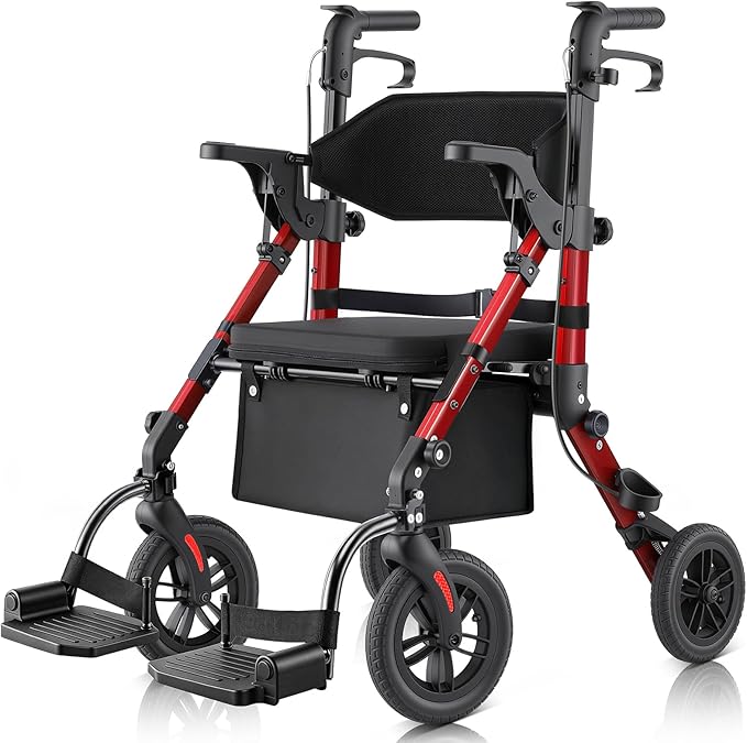 Walkers for Seniors with Seat, Walker Wheelchair Combo, 2 in 1 Rolling Walker Transport Wheelchair Lightweight Foldable, 10" Big Wheels Transport Chair with Brakes,Red