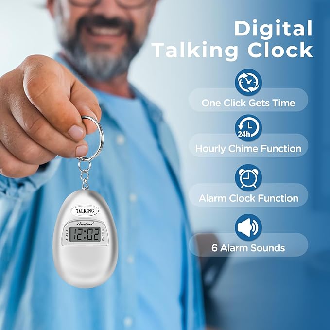 2 Pack Talking Clock for Blind Keychain Alarm - Small Digital Clock with Alarm for Visually Impaired Digital Alarm Clock for Kids, Elderly, Silver