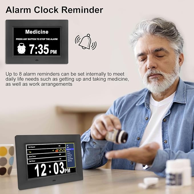 7-Inch Digital Alarm Clock. Displays Time,Day and Month.Features 12 Alarm Settings and 3 Display Modes.Suitable for Elderly Individuals,Those with Memory Impairment or Dementia.Black.