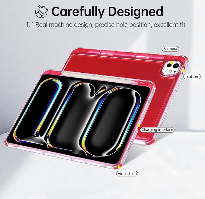 Dteck for iPad Pro/Air 13" (M5/M4/M3/M2), Pro 12.9" (6th/5th/4th/3rd Gen) Clear Case with Pencil Holder/Screen Protector Film/Stylus, 3 Layers Protective Lightweight Slim Transparent Back Cover, Red