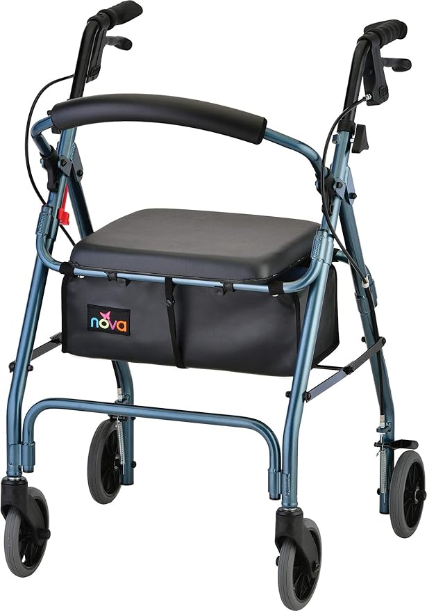 NOVA Medical Products GetGo Classic Rollator Walker, Rolling Walker for Height 5’4” - 6’”, Seat Height is 22.25”, Blue, Standard Size