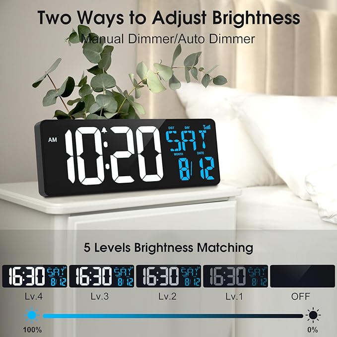 17 Inch Digital Wall Clock Large Display Bluetooth Sync Time, Auto-Dimming Digital Wall Clock with Remote, Date/Week/Temperature/DST, Plug-in Digital Clock for All Large Spaces Use, Gift