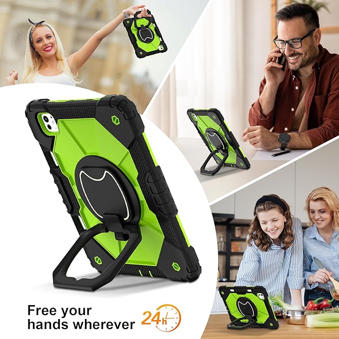 Dteck for iPad Pro 11 inch (M4/M5) 2024/2025 Release Shockproof Case with Shoulder Strap/Pencil Holder/Rotating Kickstand Handle, Heavy-Duty Sturdy Rugged Cover, Protective Tablet Shell, Black Green