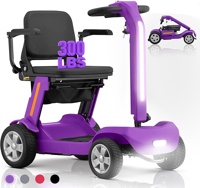 Foldable Mobility Scooter for Adults & Senior, 4 Wheels Powered Device for Travel, Lightweight and Portable, with LED Strip Light, Storage Bag, Charger Included, No Assemble Required (Purple)