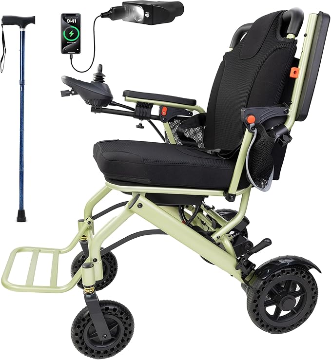 33 Lbs Lightweight Electric Wheelchair, Electric Wheelchairs for Adults Foldable, 15 Miles Range Motorized Wheelchair for Seniors, All Terrain Portable Power Wheelchair, 330 Lbs Capacity, Apple Green