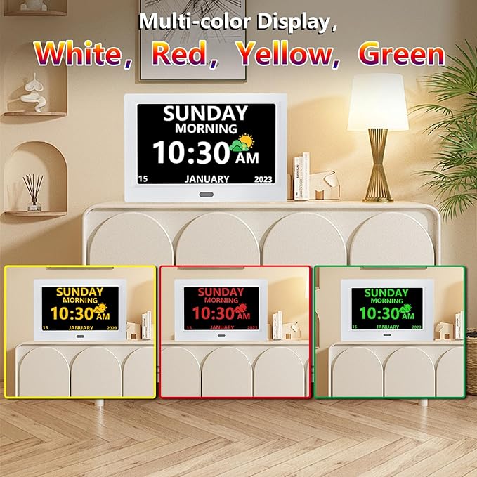 MRCHYDZ 10 Inch Clock with Day and Date for Elderly Large Display Digital Clocks 12 Alarm 3 Display Modes Large Font Alzheimer's Clock Alarm Clocks for Seniors Auto DST 10in White