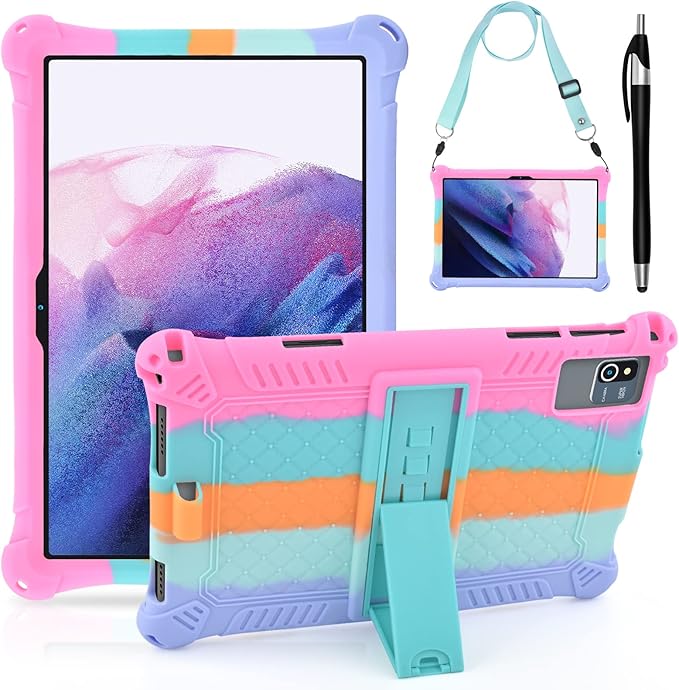 DETUOSI Silicone Case for Okaysea 10.1 inch Tablet with Stylus Pen & Shoulder Strap, Multi-Angle Stand Case, Soft Lightweight Protcetive Cover for QunyiCO 10.1, Moderness MB1001 10.1, Dazzling Pink