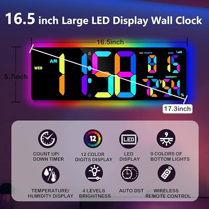 Large Digital Wall Clock 16.5", Count Down Timer, Bluetooth Sync Time, Alarm, Big LED, RGB Atmosphere Lights, Auto DST, Digital Clock for Living Room Classroom Xmas Birthday Gift for Senior Mom Dad