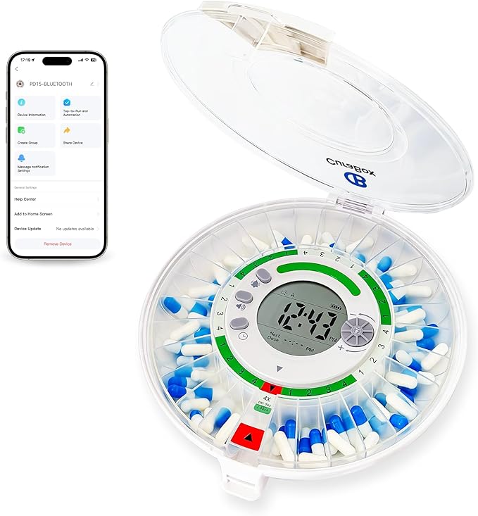 Bluetooth Automatic Pill Dispenser with App, Alarm, Light Alerts, 28-Day Medication Organizer for Seniors & Caregivers with Tracks Adherence History, Clear LCD, Key Lock, for Vitamins Prescriptions