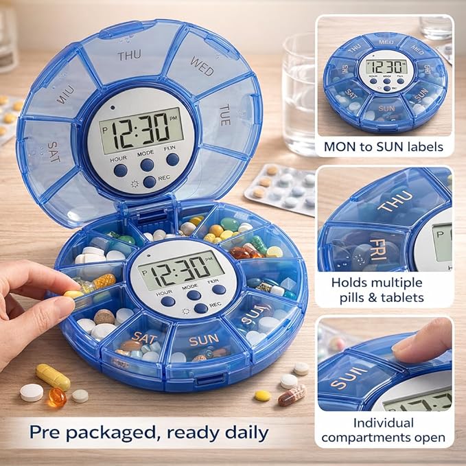 Case with Alarm, Weekly Medicines Setting Up Voice Reminders with Recording Playback Function 7 Day Medication Times Dispenser The Elderly Blind Person