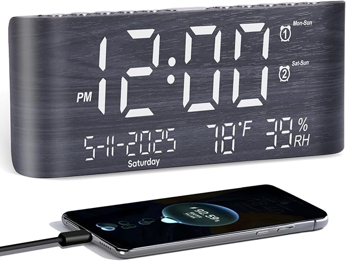 PPLEE 8.7inch Digital Alarm Clock for Bedroom-Digital Clock with Day of Week Month Year Humidity & Temperature Brightness Snooze 2 Alarm Clock & 2 USB Charger Desk Clock for Heavy Sleeper