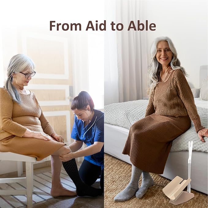 Fullicon EasySox, Aluminum Sock Horn Sock Aid, Sock Assistance Device No Bending for Senior Men Elderly Women, Safe Sock Device to Assist in Putting on Socks, Sock Puller Aid Easy On & Off (Beige)