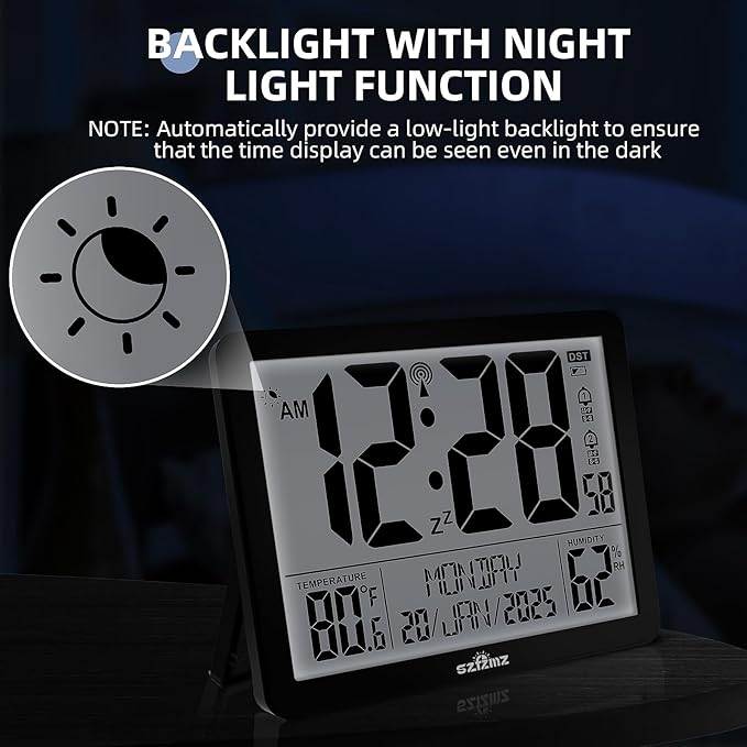 Atomic Digital Wall Clock Battery Operated with Backlight, Desk Clocks with Indoor Temperature & Humidity, 8.5" Small Alarm Clock with Date and Day of Week for Bedrooms, Living Room, Auto DST, Black