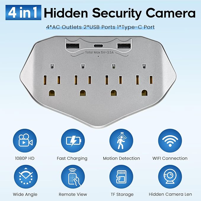 1080P WiFi Security Camera Wall Outlet - Mini Indoor Nanny Cam with Local SD Card Storage（SD Card not Included）, 120° Wide Angle, No Battery Needed Plug-in Camera for Baby/Pet/Home Security
