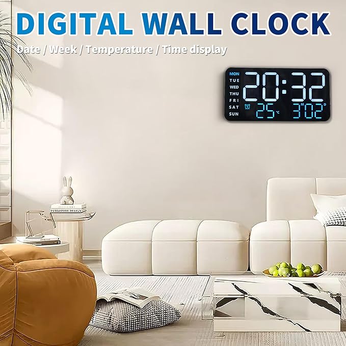 KCKJ Large Digital Alarm Clock for Bedroom & Home - with Temperature, Date and Weekday Display, Adjustable Brightness & Volume, Dual Use for Desk or Wall Mount