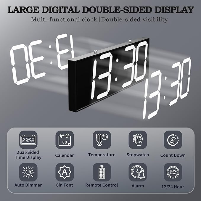 CHKOSDA 19.5'' Large Digital Wall Clock with Double Sided Display,Multi-Functional LED Hanging Digital Clock with Adjustable Brightness,Suitable for Offices, Warehouses, Corridors (White)