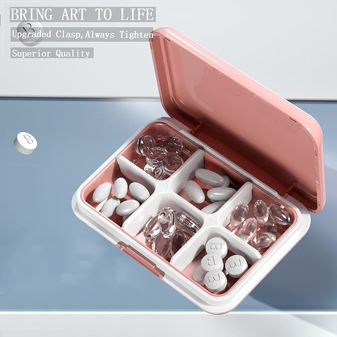 DUBSTAR Small Pill Box for Purse, Moisture Waterproof Travel Pill Case with 4+6 Compartments, Daily Pill Organizer for Vitamins & Medication (SL-Pink)