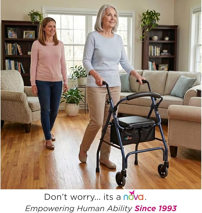 NOVA Cruiser 2 Lightweight Rollator Walker for Beginning Gait Training, 11 lb Foldable Rolling Walker with Seat, Stable Support for Early Mobility