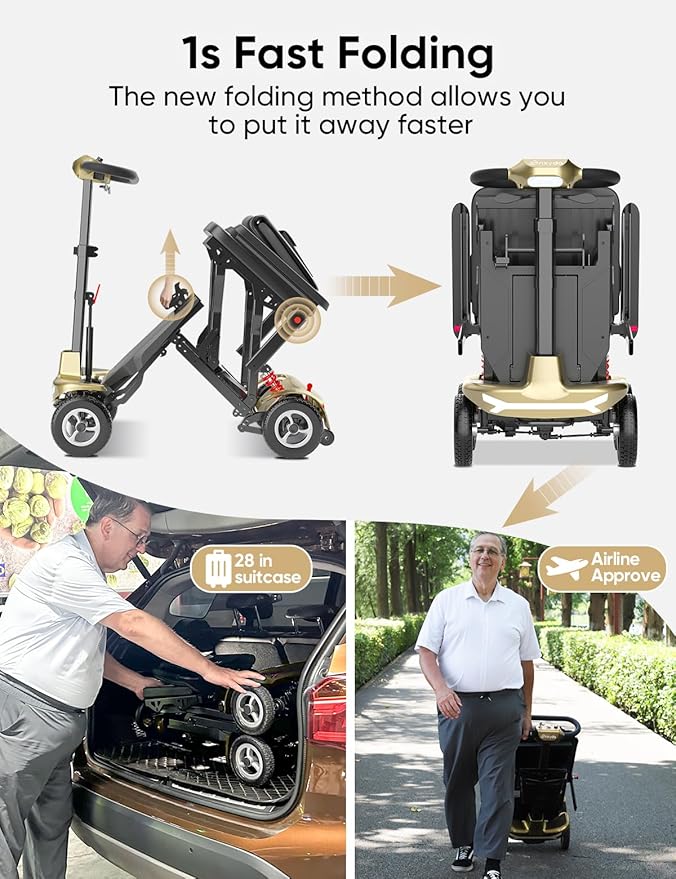 Mobility Scooter for Adults, Seniors - 37.5 lbs Ultra Lightweight Folding Mobility Scooters for Seniors Airport Approved, All Terrain 4 Wheel Motorized Scooter for Travel, 275 lbs Capacity, Gold