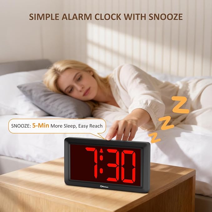 Soobest 9.5 Inch Large Digital Wall Clock Battery Operated, Auto & Manual Dimmer Display, Easy to Read Big Digits with Alarm for Seniors, Modern Decor for Living Room, Bedroom, Office (3.2" Numbers)
