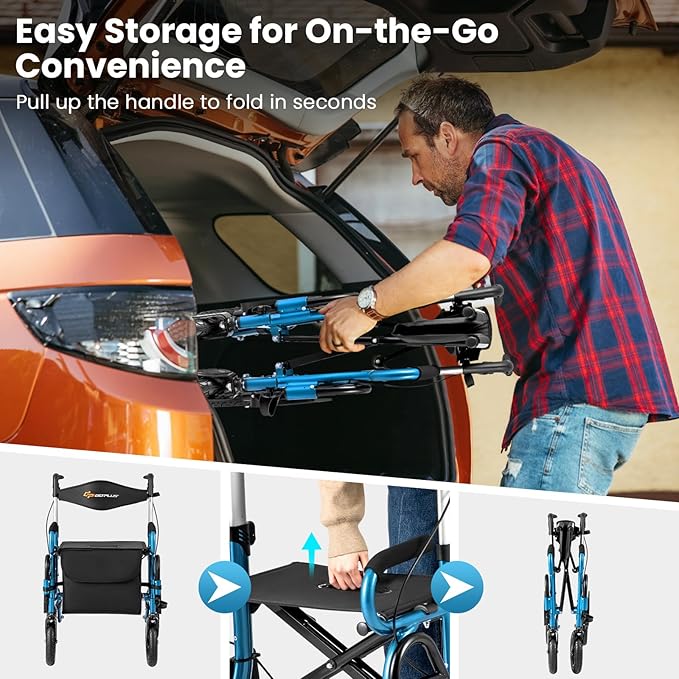 Goplus Walkers for Seniors with Seat, 2 in 1 Folding Rolling Rollator Walker & Wheelchair Combo with Brakes, 9" Pneumatic Tires for All Terrain, Aluminum Adult Mobility Walking Aid
