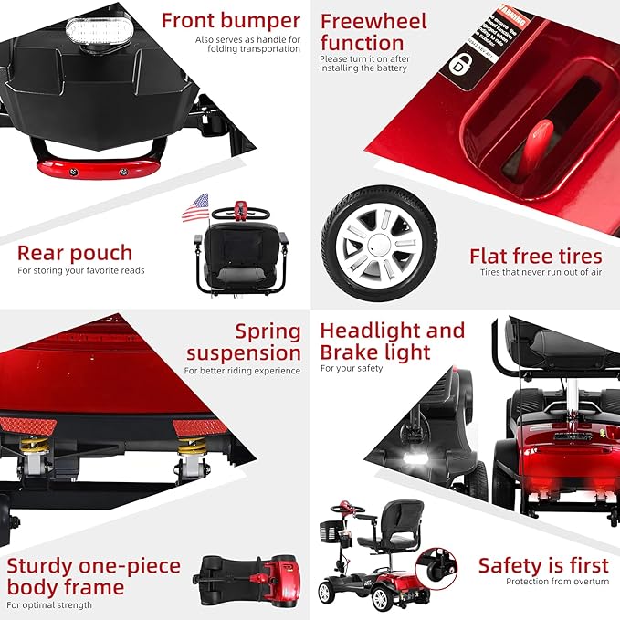 4 Wheel Mobility Scooter - Lightweight, Foldable Electric Mobbility Scooter for Adults, Seniors with Long Range Battery, Shock Absorbing, Basket, Car Light